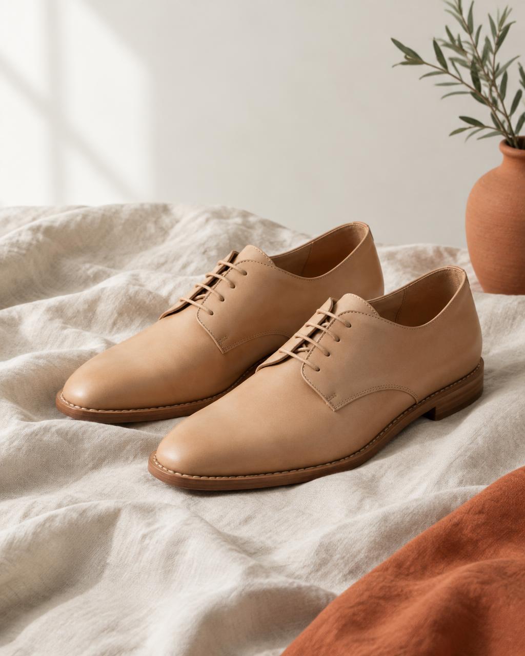 Casta: pair of handcrafted leather shoes on a linen surface