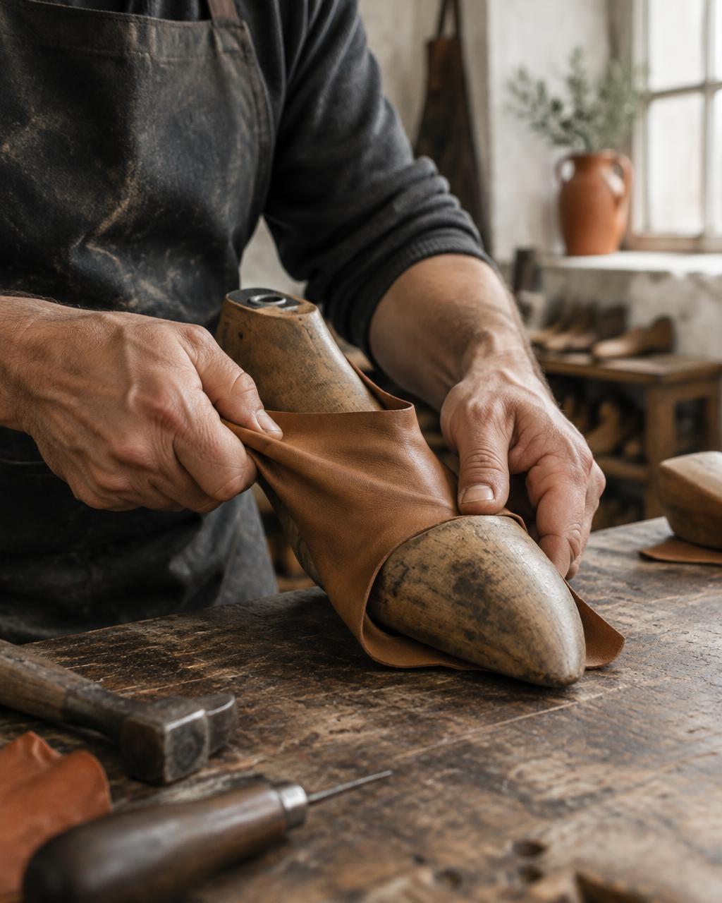 Hands lasting a leather shoe over a wooden last in a Portuguese workshop