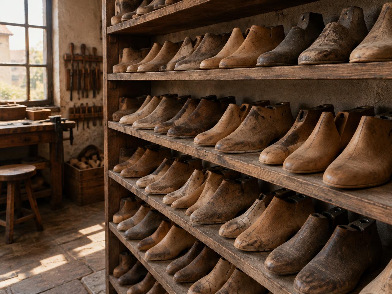 Rows of wooden shoe lasts stacked on workshop shelving